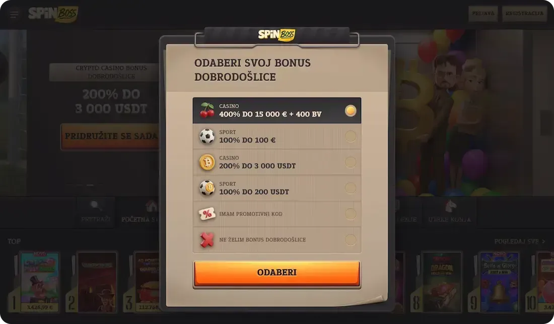 spinboss casino bonus dobrodošlice